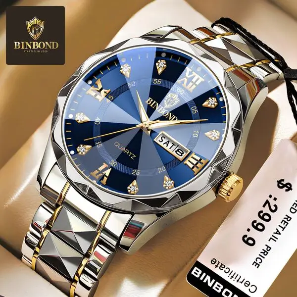 BINBOND Luxury Business Quartz Watch (Diamond Style Dial)